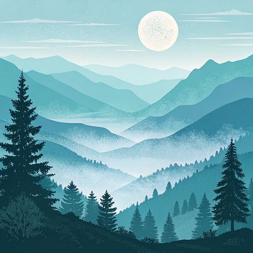 Mystieke Maanlicht Sonate: Een sereen blauw waaslandschap in een bergvallei