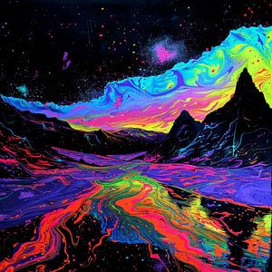 Neon Landschaft Berge Himmel Fluss leuchtend schwarz