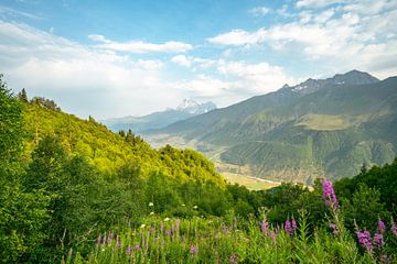 Uitzicht op de bergen van Ushba bij Mestia in Georgië van Leo Schindzielorz