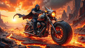 Dark Fantasy Art Wandbild: MORTARION - Der Grim Reaper auf seinem Motorrad in der Hölle