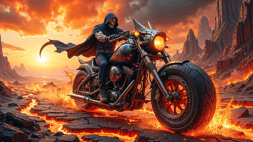 Dark Fantasy Gothic Wall Art: MORTARION - The Grim Reaper on his motorcycle in hell