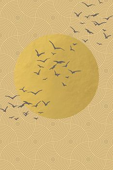 Japandi. Abstract landschap met gouden zon en vogels op Japans patroon in okergeel
