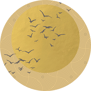 Japandi. Abstract landschap met gouden zon en vogels op Japans patroon in okergeel van Dina Dankers
