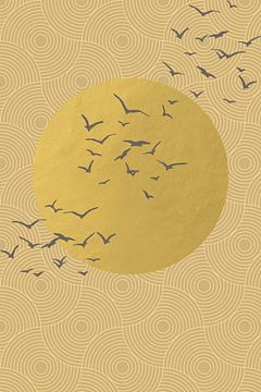 Japandi. Abstract landscape with golden sun and birds on Japanese pattern in ocher yellow by Dina Dankers