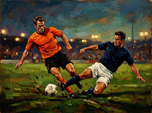 Schilderij van de voetbalwedstrijd Nederland tegen de VS bij nacht
