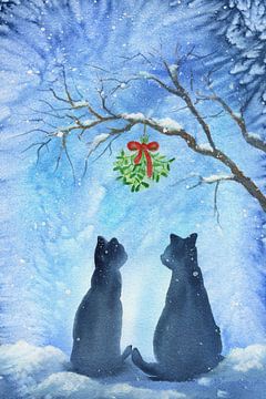 Two cats meet under the mistletoe by Karen Kaspar
