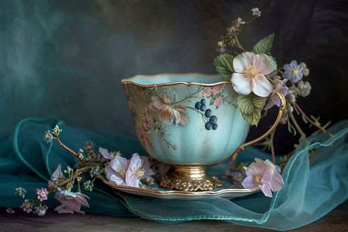 Romantisch Rococo stilleven met theekopje, bloemen en vruchten in zachte pastelkleuren