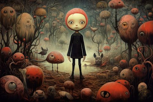 Strange creatures or aliens and a boy in a special fairytale landscape