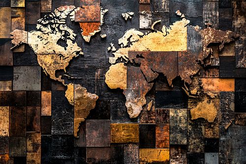 Houten en metalen wereldkaart