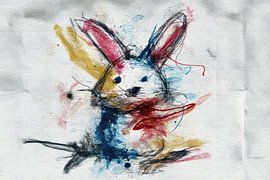 Expressieve krijttekening van een abstract konijn van Peter Pen tekeningen en schilderijen