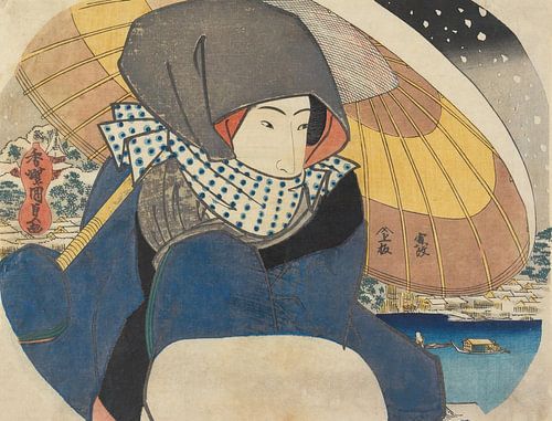 Art japonais ukiyo-e. Femme à l'ombrelle dans la neige par Utagawa Kunisada.