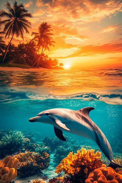 Sunset with dolphin in the sea by Poster Art Shop