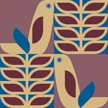 Rétro scandinave. Oiseaux et feuilles en framboise, bleu cobalt et marron chaud. sur Dina Dankers