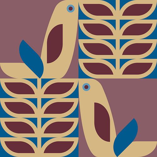 Scandinavisch retro. Vogels en bladeren in framboos, kobaltblauw en warm bruin