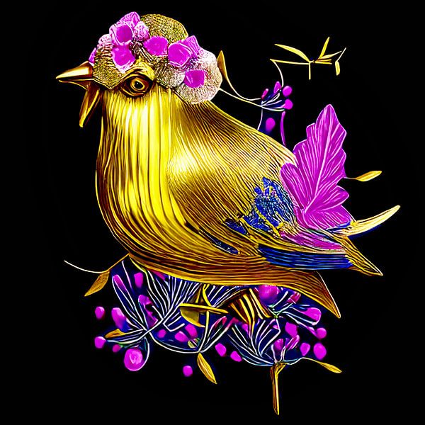 Garten Eden VII - Vogel aus Gold mit dekorativen lila Elemente auf schwarz - digitale Illustration von Lily van Riemsdijk - Art Prints with Color