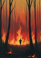 A minimalist, eerie folk-art painting of a dense forest engulfed in flames