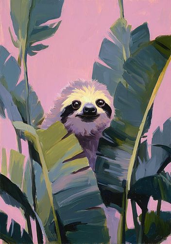 Luiaard tussen bananenbladeren