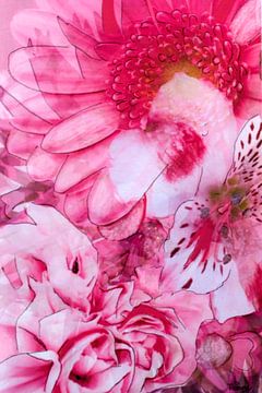 Mixed media met verschillende bloemen in roze. van Therese Brals