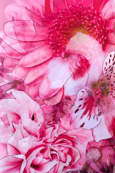 Mischtechnik mit verschiedenen Blüten in Rosa. von Therese Brals