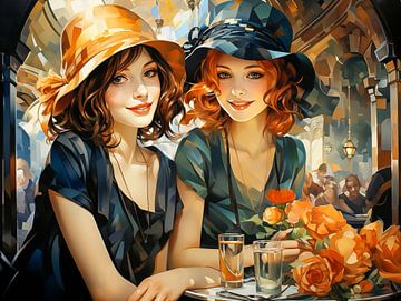 Two women in a café from the 1920s in retro-vintage style by Animaflora PicsStock