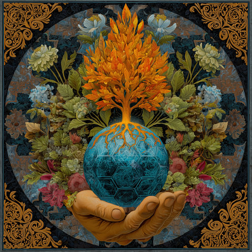 Aarde en bloemen en een boom in een hand