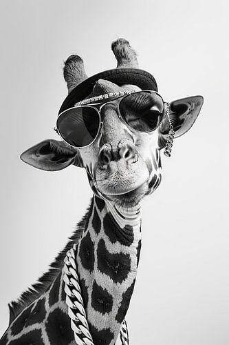 Zwart-witte giraffe met zonnebril en hoed die stijlvol poseert