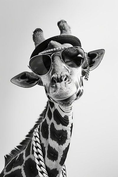 Black and white giraffe with sunglasses and hat posing stylishly by Poster Art Shop