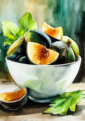 Aquarel: Witte kom met verse vijgen