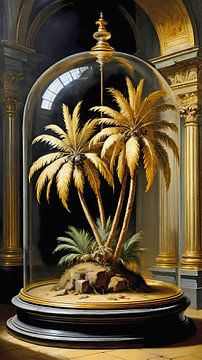 Gouden palmen onder glazen stolp in paleis met zuilen van Maud De Vries