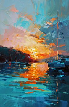Danse de la lumière sur l'eau : coucher de soleil au port sur Color Square