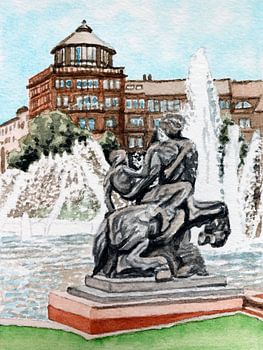 Zentaur mit Frau am großen Wasserbecken in der Parkanlage am Wasserturm, Mannheim