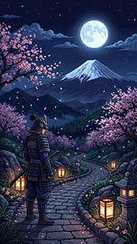 Pixel-Art-Samurai unter dem mondbeschienenen Fuji, umgeben von Kirschblüten, Laternen und einer beschaulichen Wanderung auf einem gewundenen Bergpfad von my pixel art