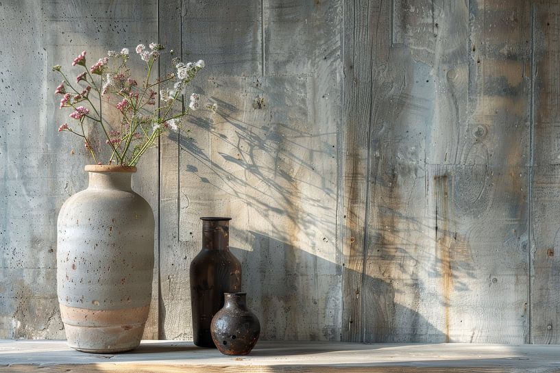 Ländliches digitales Holzstillleben mit 3 Vasen und Blumen von Digitale Schilderijen