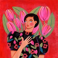 Abstraktes modernes Portrait Frau mit Tulpen
