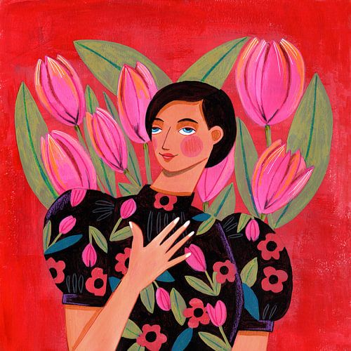 Portret vrouw met tulpen op rode achtergrond van Caroline Bonne Müller