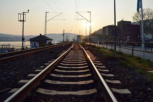 Tracks bij zonsondergang