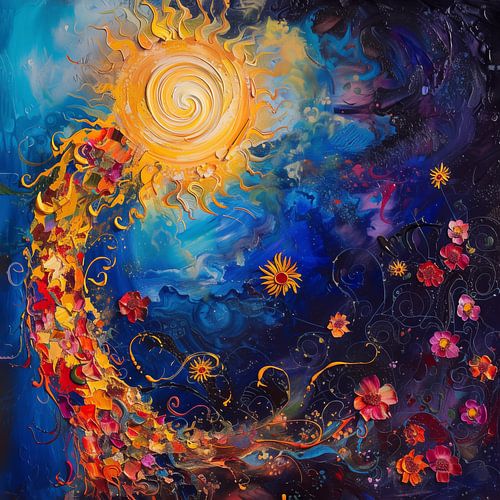 Zon en bloemen in de nacht abstract