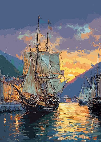 De majestueux voiliers dans le port au coucher du soleil par Pixelbull Design