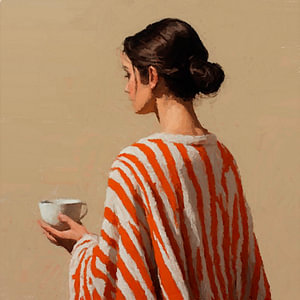 Ein Porträt einer jungen Frau mit einem gestreiften Pullover und einer Tasse Kaffee in der Hand.