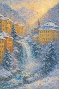 Impressionistische Alpenlandschaft - Verschneiter Wasserfall und Bergdorf bei Sonnenaufgang