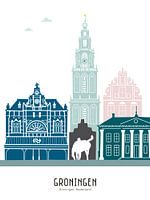 Skyline illustration city of Groningen in colour