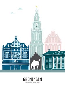 Skyline illustratie stad Groningen in kleur van Mevrouw Emmer
