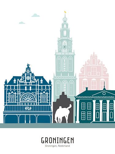 Skyline illustration city of Groningen in colour