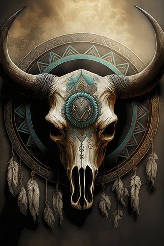 Dreamcatcher bull skull with feathers