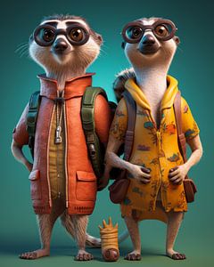 Humorous photorealistic illustration of two travelling meerkats