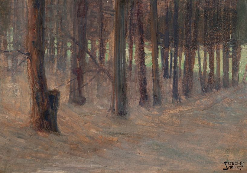 Egon Schiele, Forêt avec une clairière ensoleillée derrière elle - De la première sortie sur le Westbahn. Purkersdorf &#039;Forêt allemande&amp;#039 ; par Atelier Liesjes