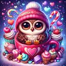 Schattige uil met een hoed in een beker omringd door snoepjes van Laly Laura thumbnail