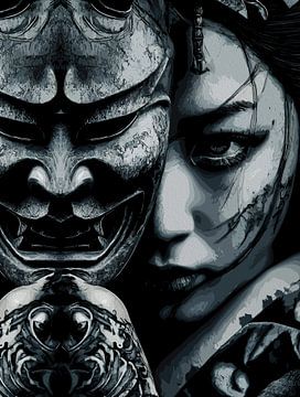 Japanische maskierte Frau Wandkunst - Dunkles Tattoo Realismus Portrait Modern Print von Ramy Salah Hefny