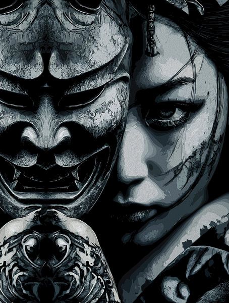 Japanese Masked Woman Wall Art – Dark Tattoo Realism Portrait Modern Print by Ramy Salah Hefny