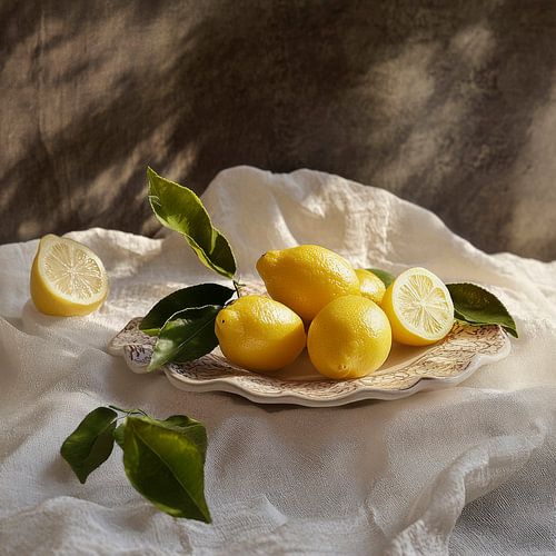 Fresh lemons on a porcelain plate